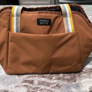 🦆 Noble Duck Tote Bag – Brown Canvas‑Feel – Striped Handles – 15x11 – EUC